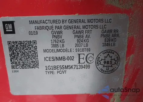 2019 Chevrolet Cruze Lt from USA, damaged, VIN 1G1BE5SM5K7139499